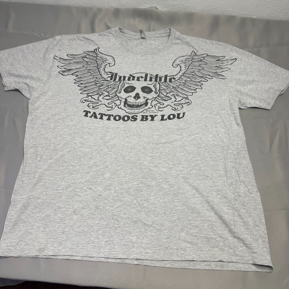 Y2K Indelible Tattoos By Lou Skull Wings Graphic T Shirt Mens XL Gray Biker